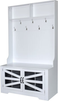 43.3" Hall Tree with Bench, Coat Rack, 7 Hooks & Adjustable Shelves, 3-in-1 Entryway Organizer with Shoe Storage
