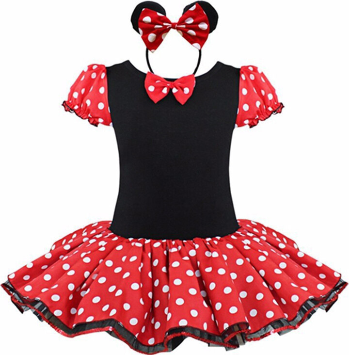 Disney New Girl Minnie Dot Bubble Sleeve Tutu Dress Halloween Christmas Sweet and Cute Ballet Dress with Hair Hoops