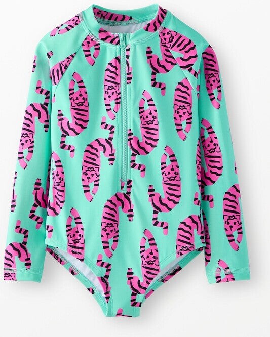 Girls' Tiger On Green One-Piece Rash Guard Swimsuit