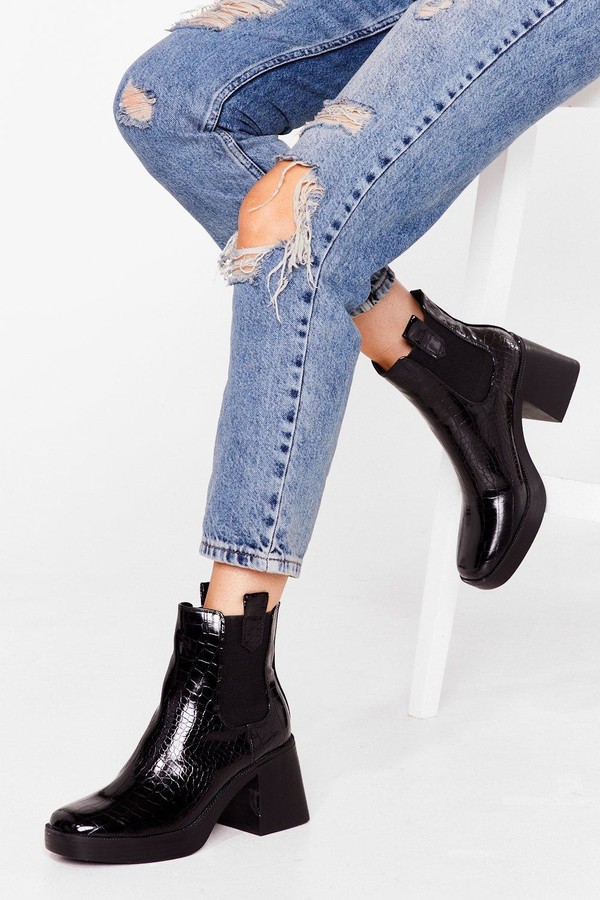 patent croc heeled boots