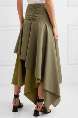 Loewe Asymmetric Ruffled Poplin And Linen Skirt - Army green