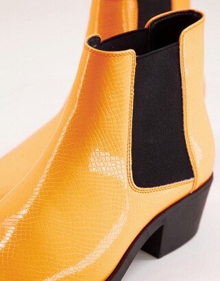 Asos Design Cuban Heel Western Chelsea Boots In Orange Faux Leather With  Metal Hardware - Shopstyle