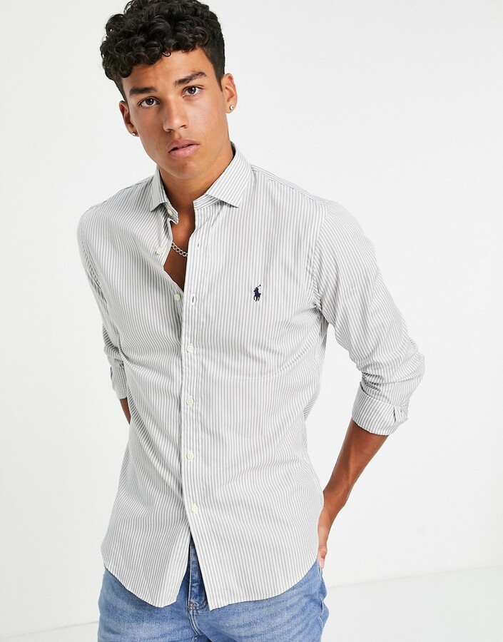 Polo Ralph Lauren player logo bold stripe slim fit poplin shirt estate  collar in gray - ShopStyle