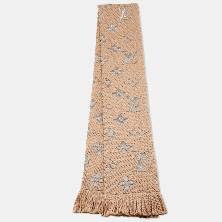 Louis Vuitton Beige Silk Monogram Fringed Edge Scarf