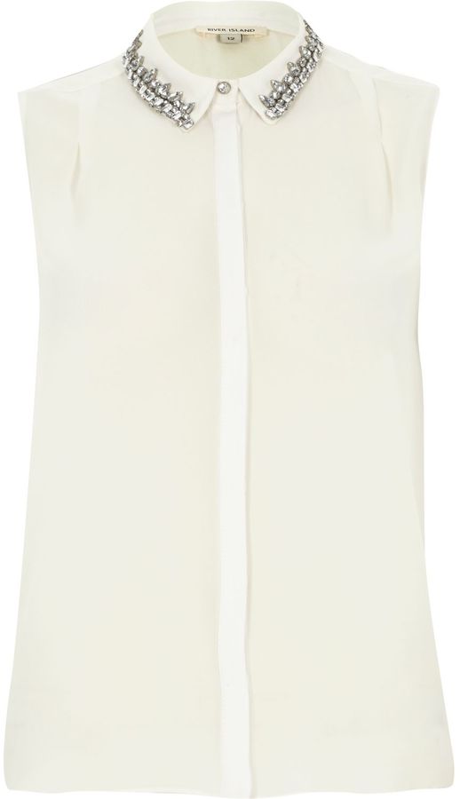River Island Womens White sleeveless embellished collar shirt ...