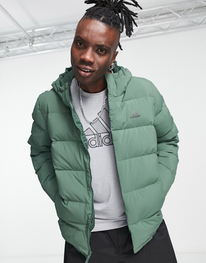 adidas Outdoor down hooded puffer jacket in khaki - ShopStyle