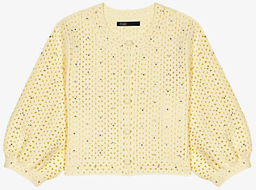 Womens Jaunes / Oranges Rhinestone-Embellished Puff-Sleeve Knitted Cardigan 10