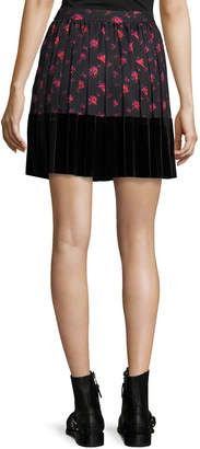 McQ Floral-Print A-Line Pleated Skirt w/ Velvet