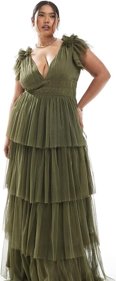 Lace & Beads Plus Bridesmaid ruffle tiered tulle maxi dress in deep olive green