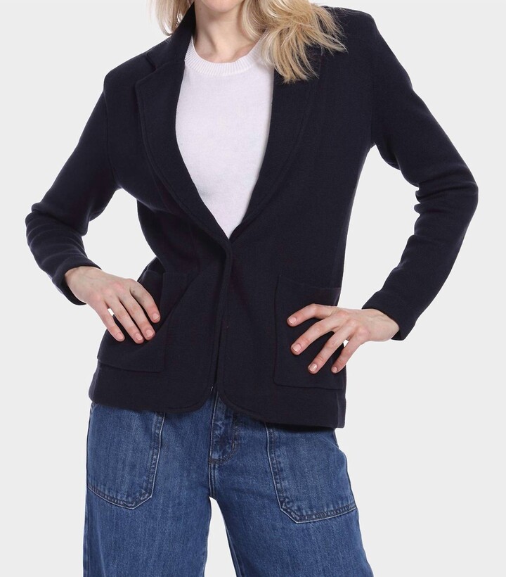 Minnie Rose Cotton Blend Fitted Blazer In Navy