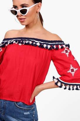 boohoo Petite Boutique Embroidered Tassel Top