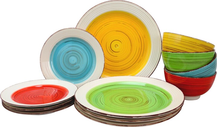 Gibson Home Confetti Band 12 piece Mix and Match Ceramic Dinnerware Set