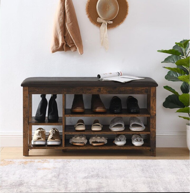 Seafuloy 39.5 in. Height-Adjustable Shoe Bench with Storage-Natural Rubberwood, PU Leather Seat, Bedroom Bench
