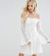 Thumbnail for your product : John Zack Petite Off Shoulder Contrast Allover Lace Mini Dress With Fluted Sleeve Detail