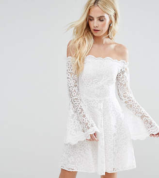 John Zack Petite Off Shoulder Contrast Allover Lace Mini Dress With Fluted Sleeve Detail