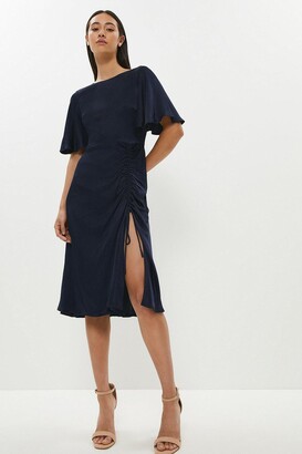 Satin Angel Sleeve Ruched Detail Dress