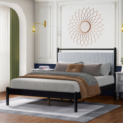 Trent Austin Design Full Size Wood Bed Frame With Fluffy Soft HeadboardGrey+Black Frame