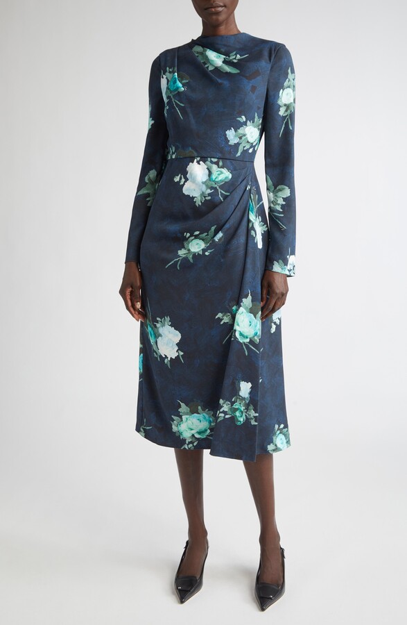 Erdem Abstract Rose Print Draped Long Sleeve Stretch Cady Midi Dress