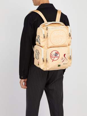 Gucci Patch Embellished Leather Trimmed Canvas Backpack - Mens - Light Yellow