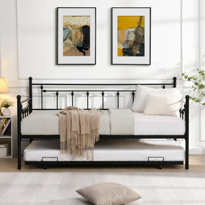 Ivy Bronx Modern Daybed With Trundle - Black Finish For Style, Strong Metal Frame Stability, Space Concept, Quiet And Noiseless, Easy To Assemble Piece, No Box