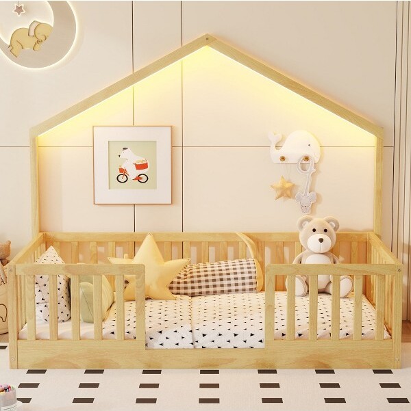GDFStudioXinModernFloorBedFramewithHighRailsandLightforKids,Natural,Twin
