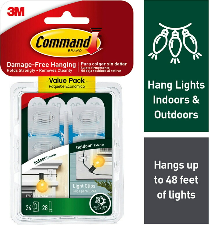 Command Indoor and Outdoor Light Clips, Clear, Hang Lights, 24 Clips and 28 Strips, Holiday Decorations