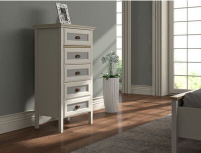 One Allium Way 5-Drawers Dresser With MDF Doors – 25" W X 46" H X 17" D – Cream / Oak / Grey