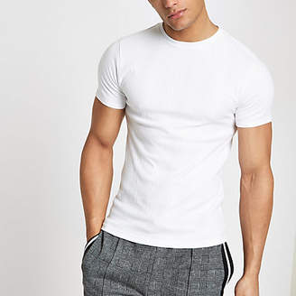 River Island White ribbed muscle fit embroidered T-shirt