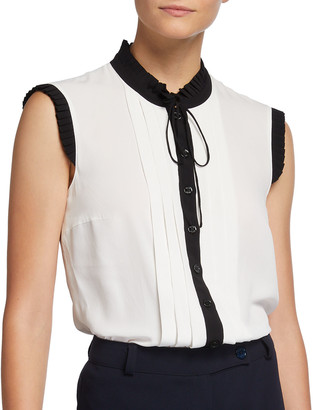 Maison Common Pleated Button-Front Top with Neck Tie