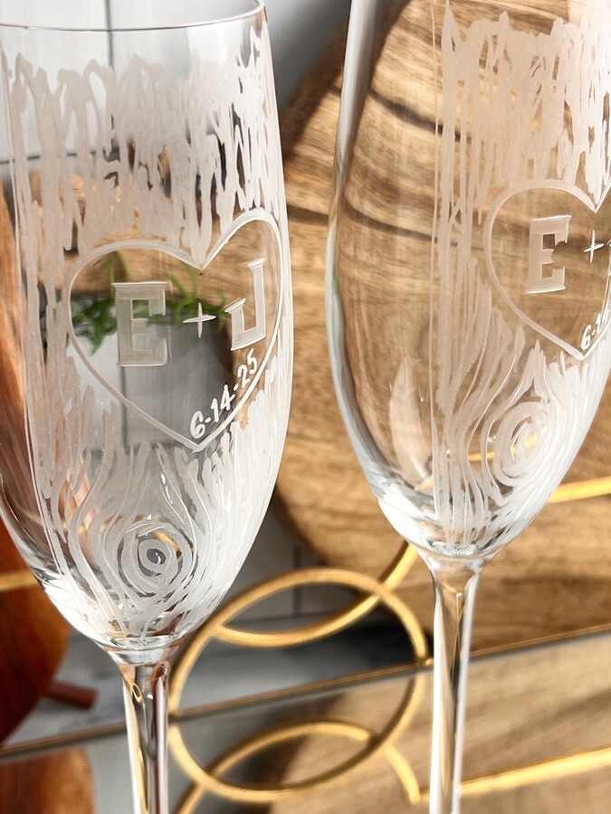 Etsy Carved Tree With Initials Inside Heart | Personalized Wedding Or Anniversary Gift Hand Engraved Crystal Toasting Glasses Set Of 2
