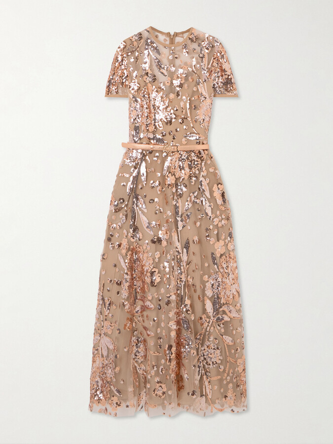 Elie Saab Belted Sequin-embellished Tulle Midi Dress - Pink