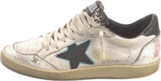 Golden Goose Ballstar Low Top Sneakers White Leather Printed Distressed & Glitter Accents Round-Toes Lace-Up Closure at Uppers Designer