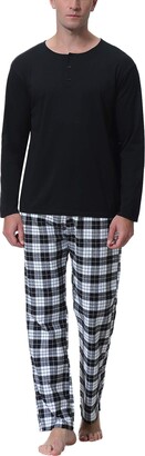 Vlazom Men's Pajamas Set Long-Sleeve Soft PJ Sleepwear Top and Check Bottoms S-XXL 