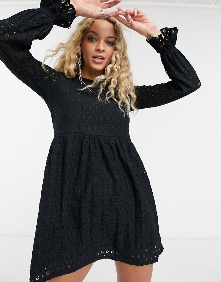 Topshop broderie long sleeve mini dress in black - ShopStyle