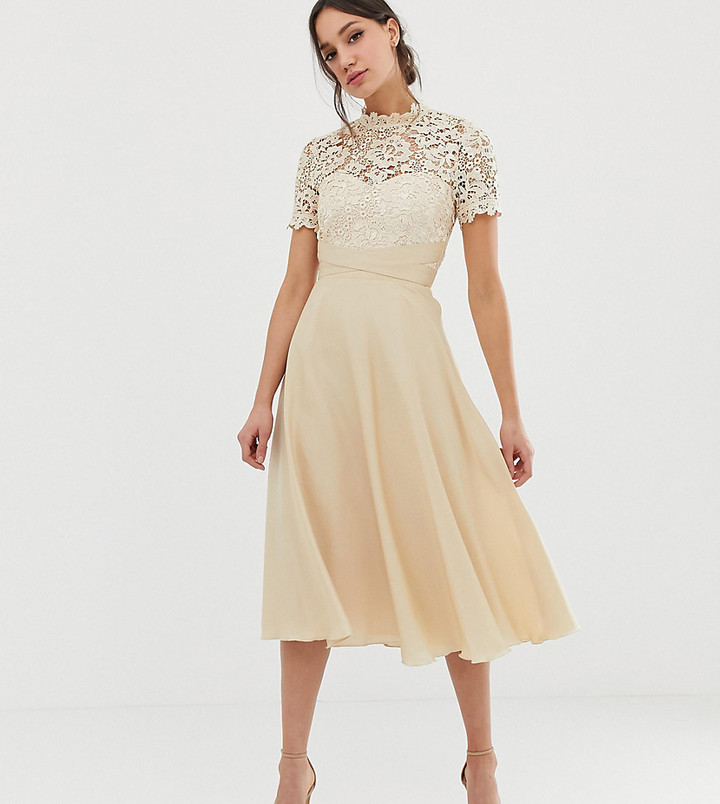 Little Mistress Tall lace top midi prom skater dress in cream - ShopStyle