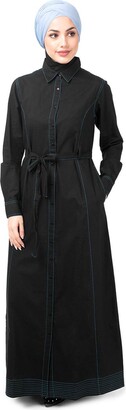 Silk Route Full Front Open Black Waist Tie Up Abaya Urban Cotton Maxi Dress Jilbab Small 56