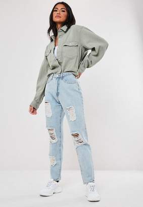 Missguided Blue Light Wash High Waisted Distressed Mom Jeans