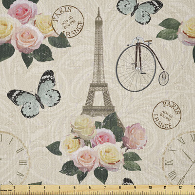 Modern Fabric By The Yard, French Eiffel Tower Shabby Form Style Garden Roses Butterfly Flowers Leaves Art,Square