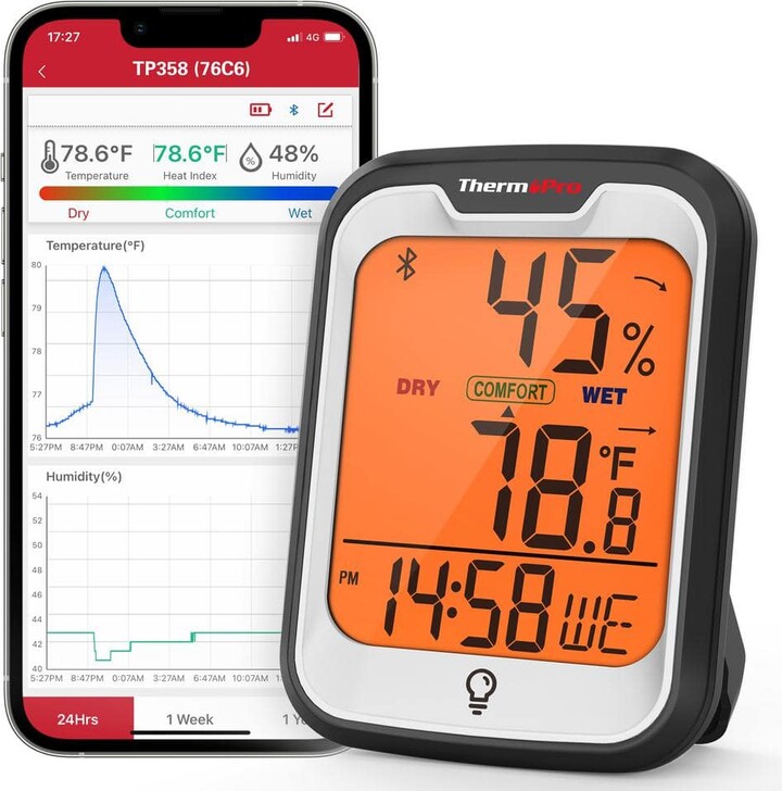 ThermoPro Hygrometer Indoor Thermometer for Home (iOS & Android) Bluetooth Hygrometer Thermometer Range