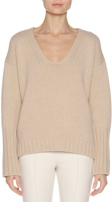 Agnona Wool-Cashmere V-Neck Sweater with Mink Fur Trim, Camel
