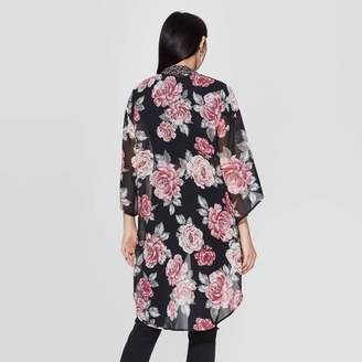 Xhilaration Women's Floral Print 3/4 Sleeve Midi Length Kimono Jacket - XhilarationTM Black