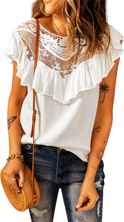 Womens Casual Short Sleeve Lace Trim Shirt Summer Patchwork Deep V Neck Flared Sleeve Tops Blouse 