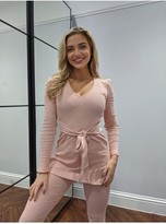 Thumbnail for your product : Little Mistress Dusty Pink Ribbed Puff Shoulder Tunic Loungewear Co-ord