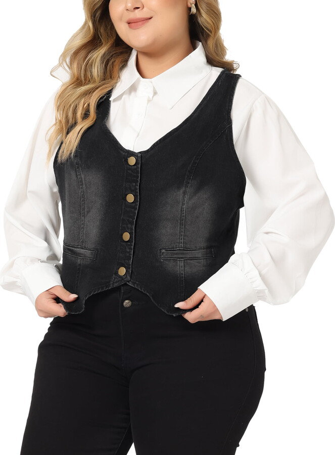 Unique Bargains Women’s Plus Size Denim Jacket Button Up Vintage Jean Waistcoat Vest 2X Black