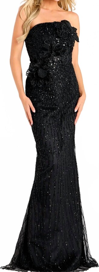 Jovani Strapless Floral Appliqués Beaded Gown In Black