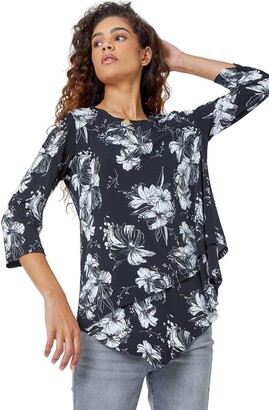 Roman Originals Hanky Hem Tunic Top for Women UK - Ladies Longline Blouse  Casual Slouch Loose 3/4 Sleeves Abstract Print Round Neck Relaxed  Comfortable Holiday Smart - Black White - Size 14 - ShopStyle