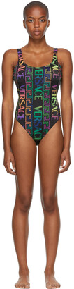 Versace Underwear Black Neon Greca Print One-Piece Swimsuit