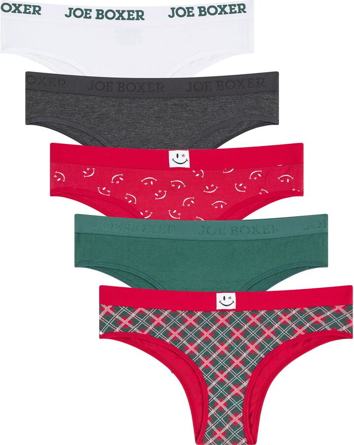 Joe Boxer Women's Cotton Holiday Giftable Cheeky Tanga Panty Set, 5-pack, Sizes XS to 3X