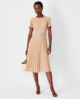 Ann Taylor Eyelet Pleated Belted Dress - ShopStyle