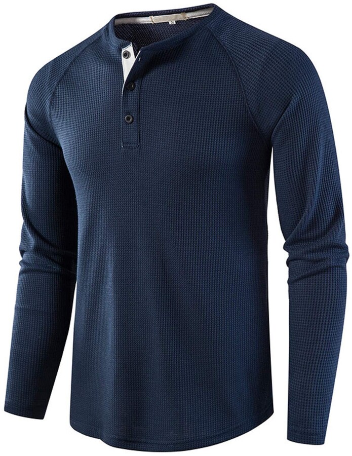 AUMELR Men's Long Sleeve Henley Shirts Waffle Slab Casual Top Basic Shirt Plain Color Lightweight Slim Fit